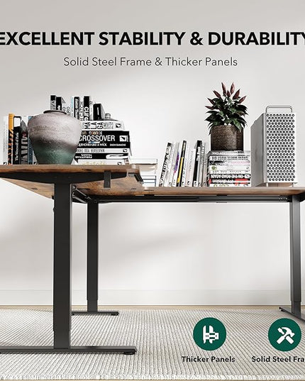FEZIBO 63" x 55"L Shaped Standing Desk Adjustable Height, 63 Inch Electric Stand up Corner Computer Desk, Sit Stand Home Office Desk with Splice Board, Vintage-Brown
