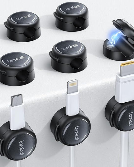 8Pack Magnetic Cord Organizer Cable Clips - Lamicall [Crystal-Clear] Desk Cable Managment for Phone Charging Cord, Adhesive Wire Holder for Home Office Desk Nightstand, Christmas Organizer Accessories