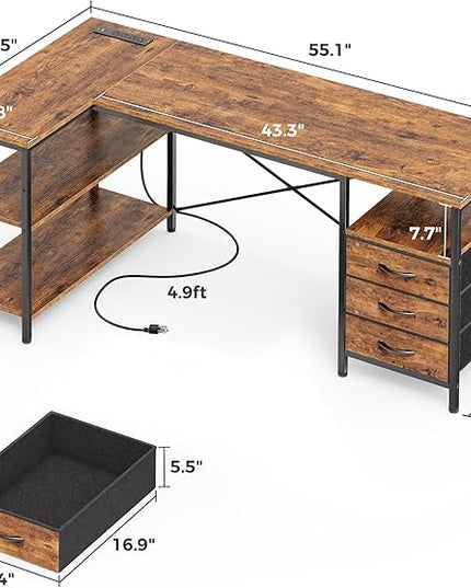 Huuger L Shaped Office Desk with Power Outlets, 55 Inch Computer Desk with 3 Drawers, Shelves, Reverisble for Gaming Corner Work Home Office Study, Rustic Brown