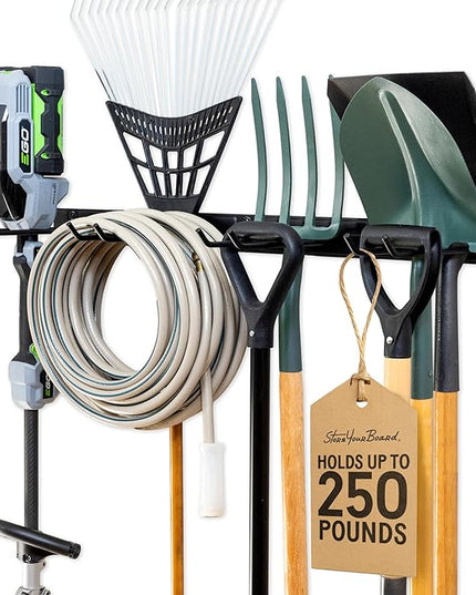 StoreYourBoard Wall-Mounted Rack With 4 Garage Hooks – Heavy-Duty Steel Holder Garage & Garden Storage for Shed, Workshop, or Home Organization – For Rakes, Shovels, Tools & More – 1 Pack, Black