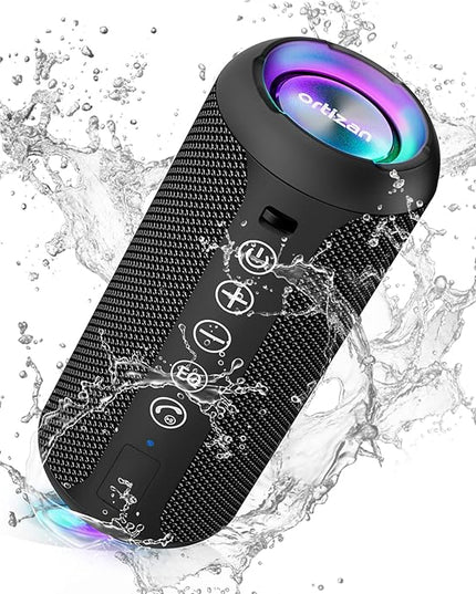 Ortizan Portable Bluetooth Speaker x Stocking Stuffers: IPX7 Waterproof, Wireless, Big Sound, Deep Bass, Dual Pairing, 30H Playtime, White Elephant Gift for Adults Men Women Teen Boys Girls (Black)