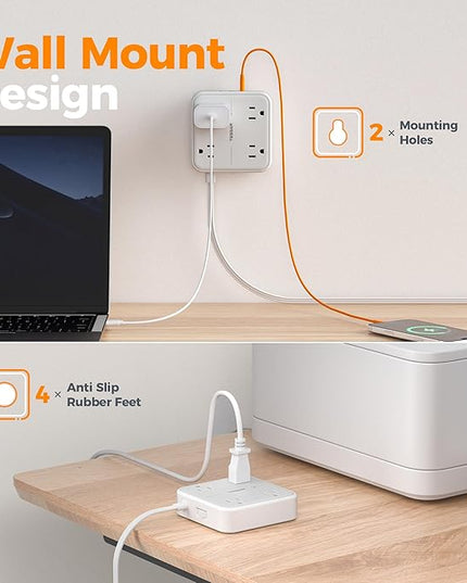 Surge Protector Power Strip, TESSAN Ring Pull Flat Plug Extension Cord 10 Ft with 3 USB (1 USB C) 4 Outlets, 900 Joules Protection, Desktop Charging Station for Home, Office, College, Dorm Room, Gray
