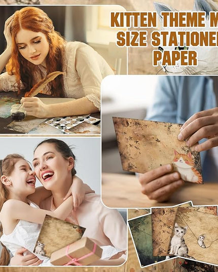 TaoBary 160 Pcs Stationery Paper Set 50 Double Sided Stationery Papers with 50 Matching Envelopes and 60 Round Dot Sticker, 10 Design(Cat,5.5 x 8.25 Inch)