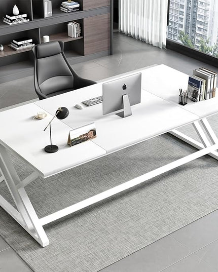 HSH White 70.8" Computer Desk, Modern Large Long Wood Metal Office Desk, Farmhouse Pc Study Work Writing Desk for Two Person, Rustic Double Workstation Executive Desk for Home Bedroom Living Room