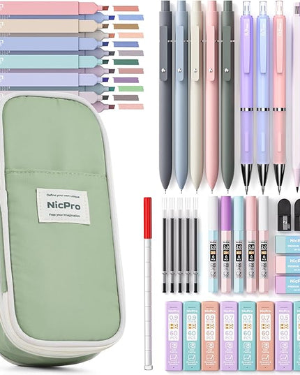 Nicpro 50PCS Aesthetic School Supplies with Cute Pencil Case, 5 Quick Dry Black Ink Pens, 12 Pastel Highlighters, 6 Mechanical Pencil 0.5, 0.7, 0.9 & 2.0 mm for Students Stationary College Essentials