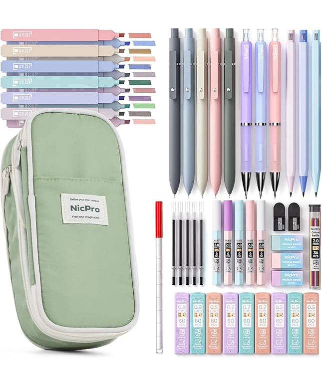 Nicpro 50PCS Aesthetic School Supplies with Cute Pencil Case, 5 Quick Dry Black Ink Pens, 12 Pastel Highlighters, 6 Mechanical Pencil 0.5, 0.7, 0.9 & 2.0 mm for Students Stationary College Essentials