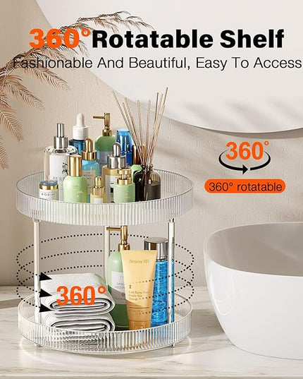 360° Clear Rotating Storage Tray, 2 Tier Lazy Susan Bathroom Countertop Organizer, Cosmetics and Perfume Organizer, Spinning Storage Tray Vanity Organizer Shelf for Bathroom Cabinet, Kitchen(Medium)