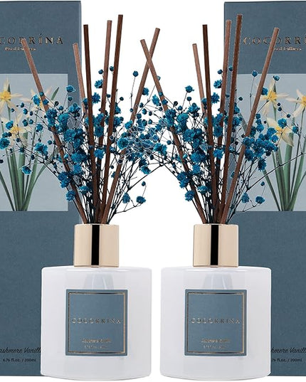 Cocorrína Premium Reed Diffuser Set with Preserved Baby's Breath & Cotton Stick Cashmere Vanilla 2 Packs, 6.7oz Scent Fragrance Oil Diffuser for Bedroom Bathroom Home Décor