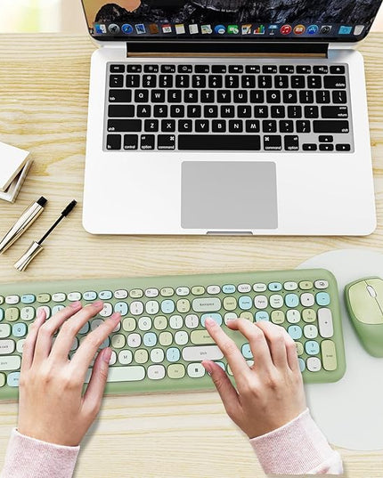 Wireless Keyboard and Mouse Combo, Colorful Ergonomic Full Size Retro Low-Noise Keyboard with Cute keycaps, Compatible with Windows, PC, Perfer for Home and Office Keyboards (Green)
