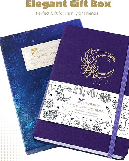 VIVID SCRIBBLES A5 Bullet DOTTED Journal – 160GSM Bleed-Proof Dotted Notebook with 200 Numbered Dot Grid Pages, Lay-Flat Hardcover with Pen Loop & Expandable Pocket (Purple Moon Design)