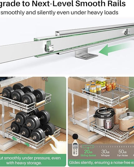 Pull out Cabinet Organizer, 2 Tiers 15"W X 21"D, Heavy Duty Smooth Sliding Under Cabinet Shelves for Pots and Pans, Full-Extension Roll out Drawers, Slide out Organization for Home Kitchen Pantry