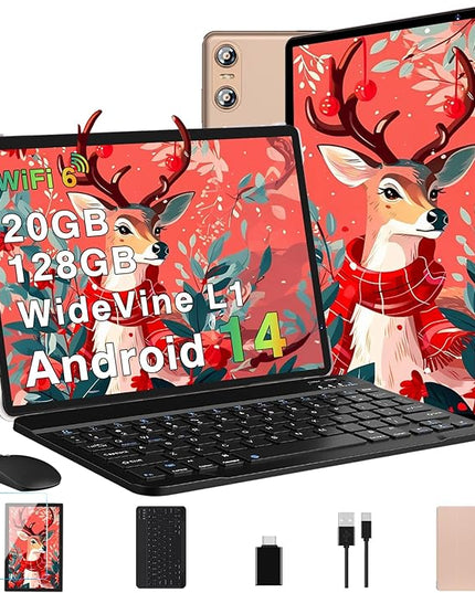 2025 Tablet, 10 Inch Android Tablet 20GB RAM+128GB ROM+1TB Expand, Octa-Core Android 14 Tablets with Keyboard, Mouse, HD IPS Touchscreen, 6000mAh, BT 5.0, WiFi 6, Widevine L1, Split Screen -Rose Red