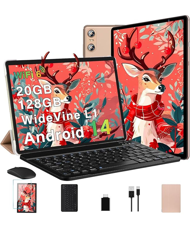 2025 Tablet, 10 Inch Android Tablet 20GB RAM+128GB ROM+1TB Expand, Octa-Core Android 14 Tablets with Keyboard, Mouse, HD IPS Touchscreen, 6000mAh, BT 5.0, WiFi 6, Widevine L1, Split Screen -Rose Red