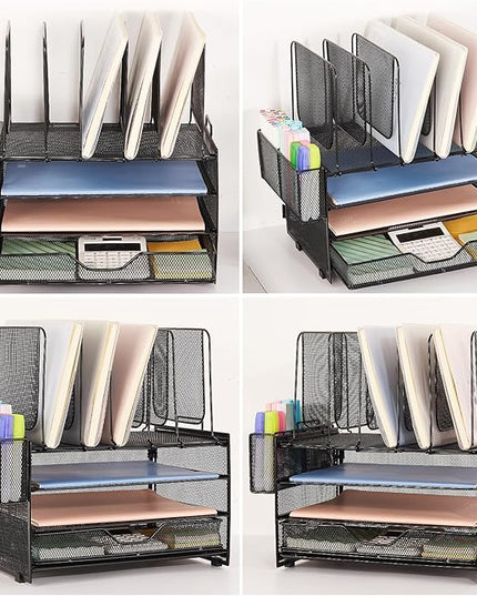 LEKETREE Desk Organizers and Accessories, 3-Tier Paper Organizer with 5 Vertical File Holders, File Organizer for Desk (Black With Drawer, 3T With Drawer)