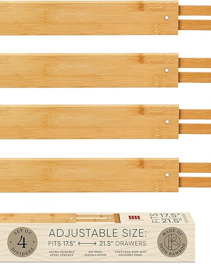 Night Tree Expandable Bamboo Drawer Dividers – Spring-Loaded Wooden Organizers for Clothes, Kitchen Utensils, Bathroom, and Dresser Drawers (18" to 20")