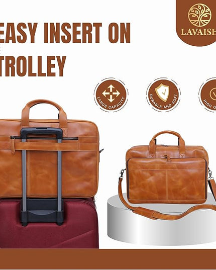 LAVAISH Handmade Full-Grain Leather Briefcase for Men & Women–17" Laptop Bag with Computer Compartment Office Satchel Bag
