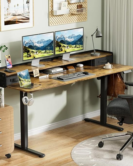 Homall Electric Standing Desk with 2 Drawers, Adjustable Height Computer Desk with Monitor Shelf Sit Stand Table with Splice Board Quick Install for Home Office (Rustic Brown, 63 Inch)