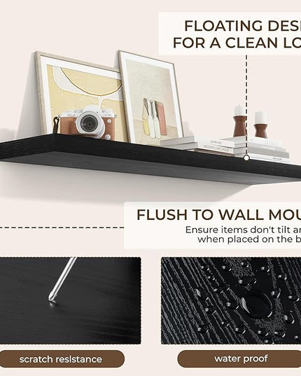 RICHFOCUS 48Inch Floating Shelves for Wall 2 Pack Shelves for Bedroom|Kitchen|Bathroom Wall Mounted Rustic Wood Floating Shelf with Invisible Brackets for Books|Storage|Decor, Black