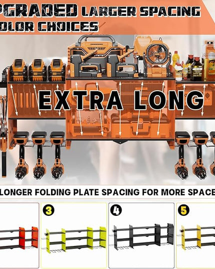 45" Large Power Tool Organizer Wall Mount with Charging Station - 3 Layer Storage Racks with 8 Cordless Drill Holder, 4 Hooks, Heavy Duty Garage Tool Organizer Storage for Workshop Pegboard Basement