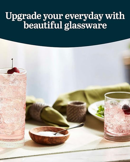 Libbey Pueblo Tumbler and Rocks Glass Set, Wavy and Groovy Drinking Glasses Set, Dishwasher Safe Glasses Drinking Set of 16 for Everyday Family Meals