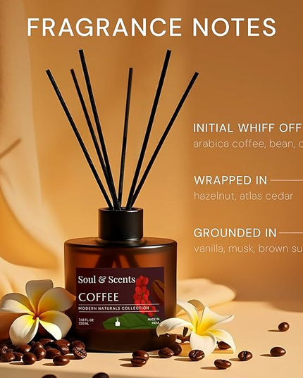 Soul & Scents Reed Diffuser Set – Coffee | 7.43 oz Refillable Scented Oil with 6 Fiber Sticks | Long-Lasting Home Fragrance & Air Freshener for Bedroom, Bathroom, Office | Gift & Décor Piece