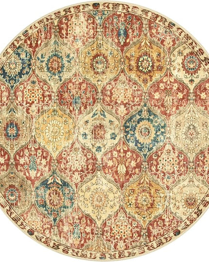 Lahome Moroccan Trellis Washable Round Area Rug, Round Rug 5ft Soft Non-Slip, Non-Shedding Distressed Circle Carpet for Bedroom Living Room Bathroom Nursery Kitchen, Red/Orange