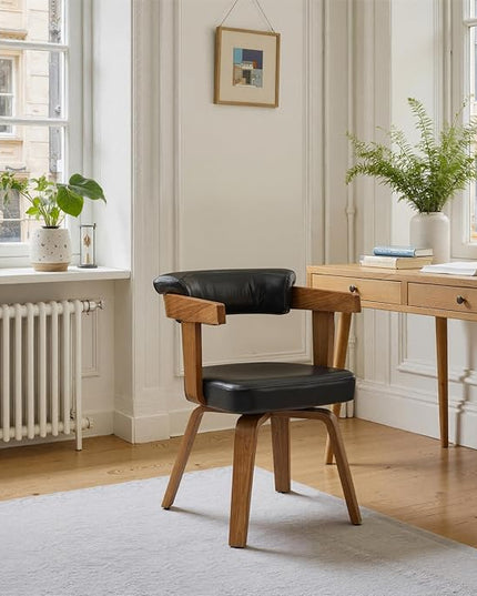 Fat Ant Home Office Desk Chair - Mid Century Modern Chair, Faux Leather Office Chair No Wheels, Comfy Accent Arm Chair with Wood Legs for Small Spaces Living Room Bedroom Study, Black/Walnut