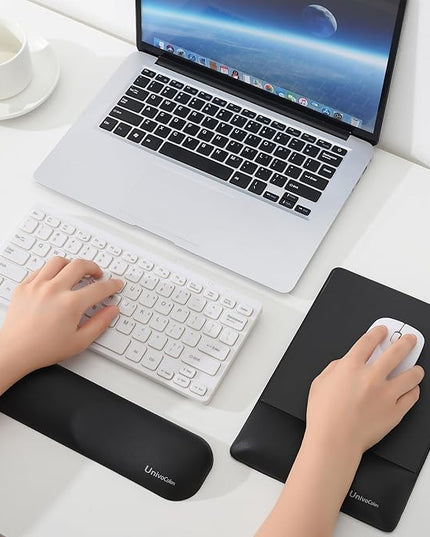 UnivoColors Design-Wave Set of Keyboad Wrist Rest & Mouce Pad,Artificial Sheepskin+Memory Foam+Ergonomic+Anti-Slip Gel, Resilience Support During Work and Gaming,Keyboard Accessory,Black