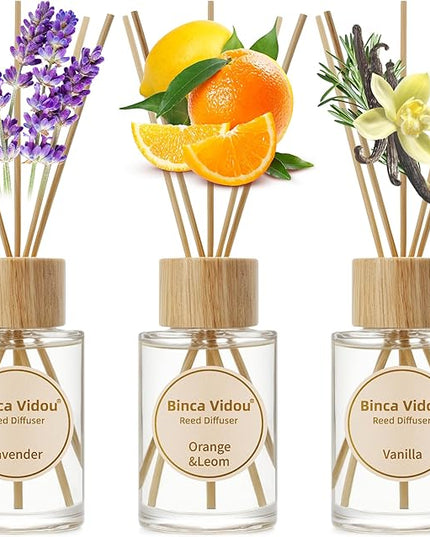 Reed Diffuser Set, Binca Vidou Lavender Vanilla Orange & Lemon Natural Scent Oil Diffusers with Sticks for Home Office Bathroom Aromatherapy Decor 2.7oz x 3