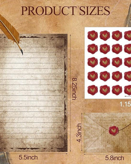 TaoBary 160 Pcs Stationery Paper Set 50 Double Sided Stationery Papers with 50 Matching Envelopes and 60 Round Dot Sticker, 10 Design(Vintage Antique,5.5 x 8.25 Inch)