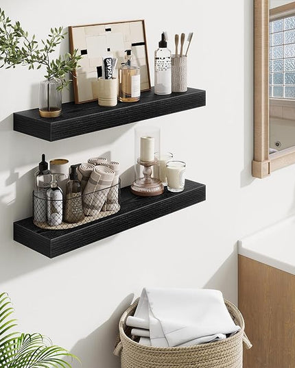 Fun Memories Floating Shelves Set of 2, 24 Inch Floating Shelves for Wall, Wood Wall Shelves with Invisible Brackets, for Bathroom, Bedroom, Living Room, Kitchen, Black