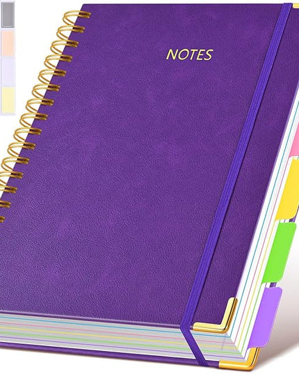 Hardcover Spiral Notebook 8.5"x11" Journal with Removable Dividers Tabs, 300 Pages Leather 5 Subject Notebook College Ruled, Large Notebooks for Work School, Lined Journal for Women, A4 Dark purple