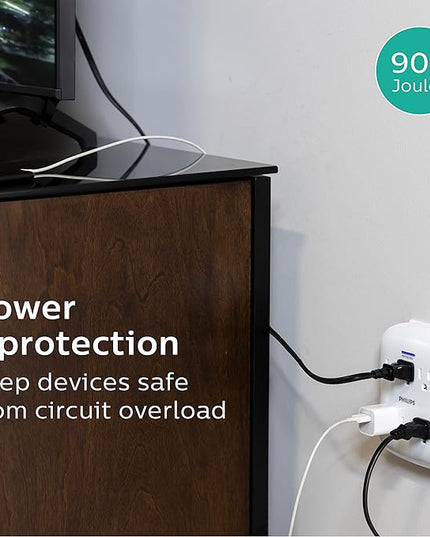 Philips 6-Outlet Extender Surge Protector, 2 Pack, Wall Tap, 900 Joules, 3-Prong, Space Saving Design, Protection Indicator LED Light, ETL Listed, White, SPP3466WA/37