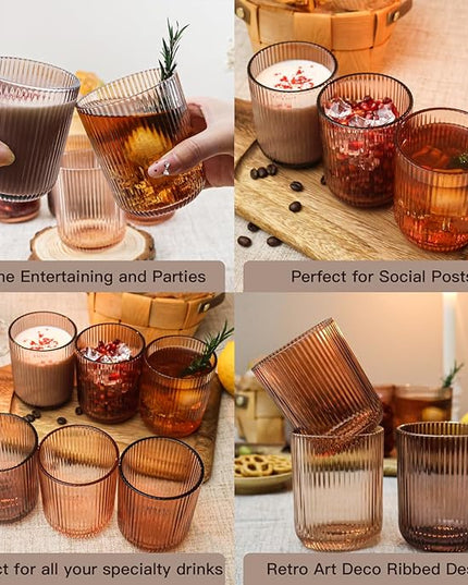 Drinking Glasses, Melanin Colored Highball Glasses Set of 6, Ribbed Glassware Glass Cups, Water Glasses for Juice, Iced Coffee Cups, Cocktail Glasses - Christmas Gifts - 8.5 oz