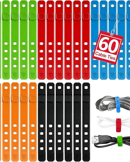 AROIC 60Pcs Silicone Cable Ties, 5-Colors Reusable Cord Organizer for Phone Charger & Data Cables - Home Office Travel Essentials, Under Desk Cable Management, Wire Holder for Computer, Kitchen