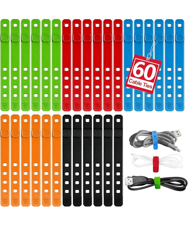 AROIC 60Pcs Silicone Cable Ties, 5-Colors Reusable Cord Organizer for Phone Charger & Data Cables - Home Office Travel Essentials, Under Desk Cable Management, Wire Holder for Computer, Kitchen