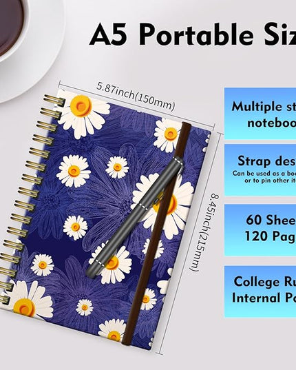 Spiral Journal Notebook, A5 Cute Notebooks for Women Men, College Ruled Hardcover Notebook for Work & Note Taking, 60 Pages Double-Wire Journals for Writing, Cute Blue Daisy