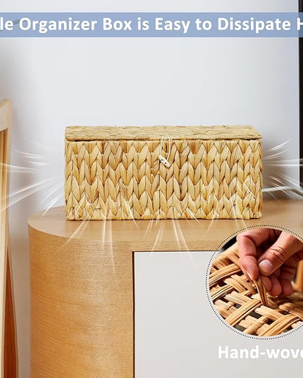 efluky Hand-Woven Cable Management Box with Lid, Water Hyacinth Cord Organizer Box to USB Wire, Power Strip & Charger, 2 Open Slots Cable Box for TV Table, Office Desk & Floor, Natural