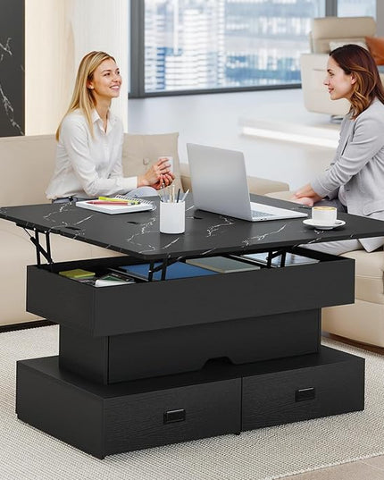 Turosur 40" Lift Top Coffee Table, LED Coffee Tables with Storage and 4 Drawers, Coffee Table with Lifting top for Living Room Home Office, Black
