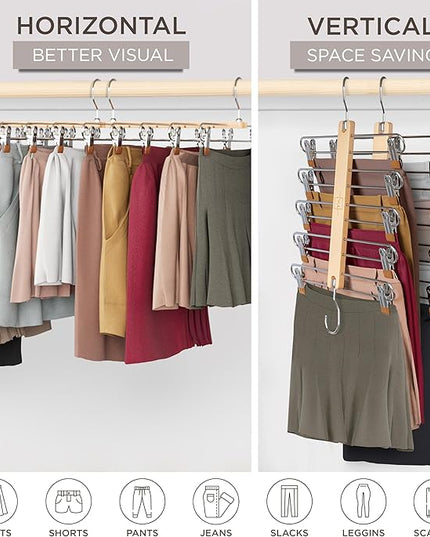 MORALVE Skirt Hangers Space Saving with Clips - 2 Pack - European Beechwood 5-Tier Hanger for Shorts, Skirts, and Pants - Closet Organizer and Storage Solution for Women with 360° Swivel Hook