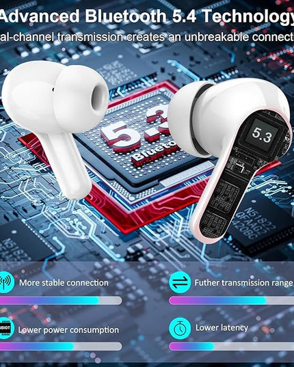 Wireless Earbuds, Bluetooth Headphones 5.4 HiFi Stereo Ear buds with ENC Noise Cancelling Mic, 40H Bluetooth Earbuds with Dual LED Display Charging Case, IP7 Waterproof Earphones for Android iOS, Pink