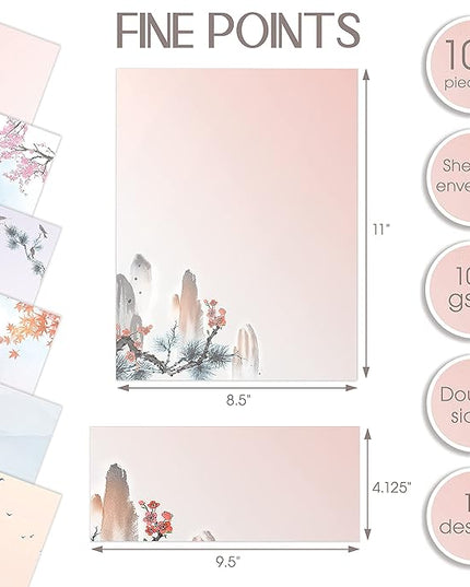 Better Office Products Japanese Watercolor Stationery Paper Set, 100 Piece Set (50 Sheets + 50 Matching Envelopes), Letter Size 8.5 x 11 inch, 9 Designs, Double Sided Printing Paper,