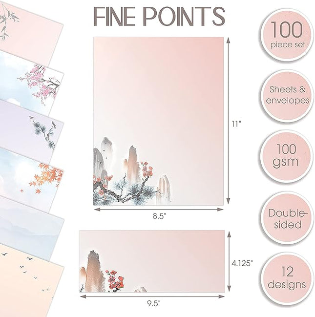 Better Office Products Japanese Watercolor Stationery Paper Set, 100 Piece Set (50 Sheets + 50 Matching Envelopes), Letter Size 8.5 x 11 inch, 9 Designs, Double Sided Printing Paper,