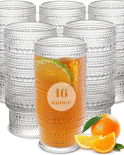 6pcs Hobnail Drinking Glasses Set, 16 oz Vintage Glassware Drinking Glasses, Clear Water Glasses Tumbler, Cups for Kitchen, Juice, Beer, Cocktail, Whiskey