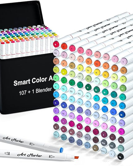Smart Color Art 108 Pack Art Markers, 107 Alcohol Based Marker Pens and 1 Blender, Dual Tip Coloring Permanent Markers Highlighters with Case, Excellent for Adults Kids Marking Drawing Sketching