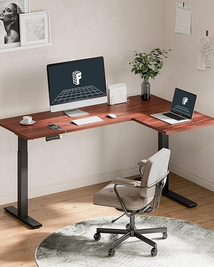 FLEXISPOT 63 inch L-Shaped Standing Desk, Electric Height Adjustable Desk, Sit Stand Large Corner Desk, Memory Preset Controller, Modern Design, Black Frame + Mahogany Top