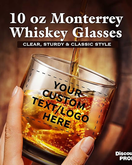 DISCOUNT PROMOS Custom Whiskey Glasses 10 oz Set of 10/50/100, Personalized Bulk Pack - Heavy Base Old Fashioned Glass, Perfect for Scotch, Bourbon, Whiskey, Cocktail - Black Bottom Color
