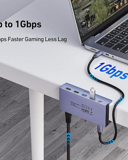 BENFEI 8-in-1 USB C Hub with Secure Clamp – Features 4K@60Hz HDMI, Gigabit Ethernet, 100W PD, 10Gbps 1x USB-C, 2 x USB-A 3.2, 2 x USB-A 2.0 Compatible with MacBook, iPad Pro, iMac, S23, XPS17