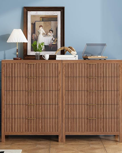 JZXSHD 43" 5 Drawer Dresser Tall Dresser Organizer TV Drawer Cabinet Modern Wood Storage Cabinet, Modern Wood Storage Cabinet for Bedroom, Hallway, Entryway, Walnut