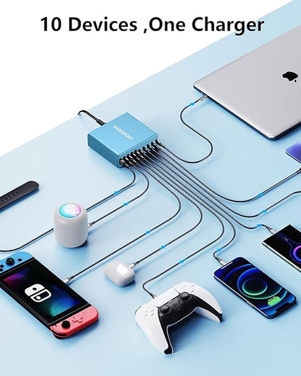 320W USB C Charger Block, 10-Port USB C Charging Station GaN III PD 65W PC Laptop Fast Charger Adapter for MacBook Pro/Air, DELL, iPad, iPhone, Samsung Galaxy (Light Blue)
